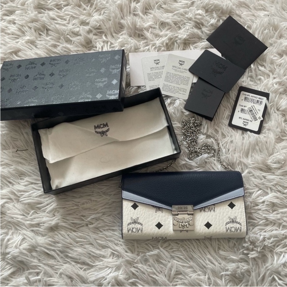MCM Blue and White Wallet on Chain